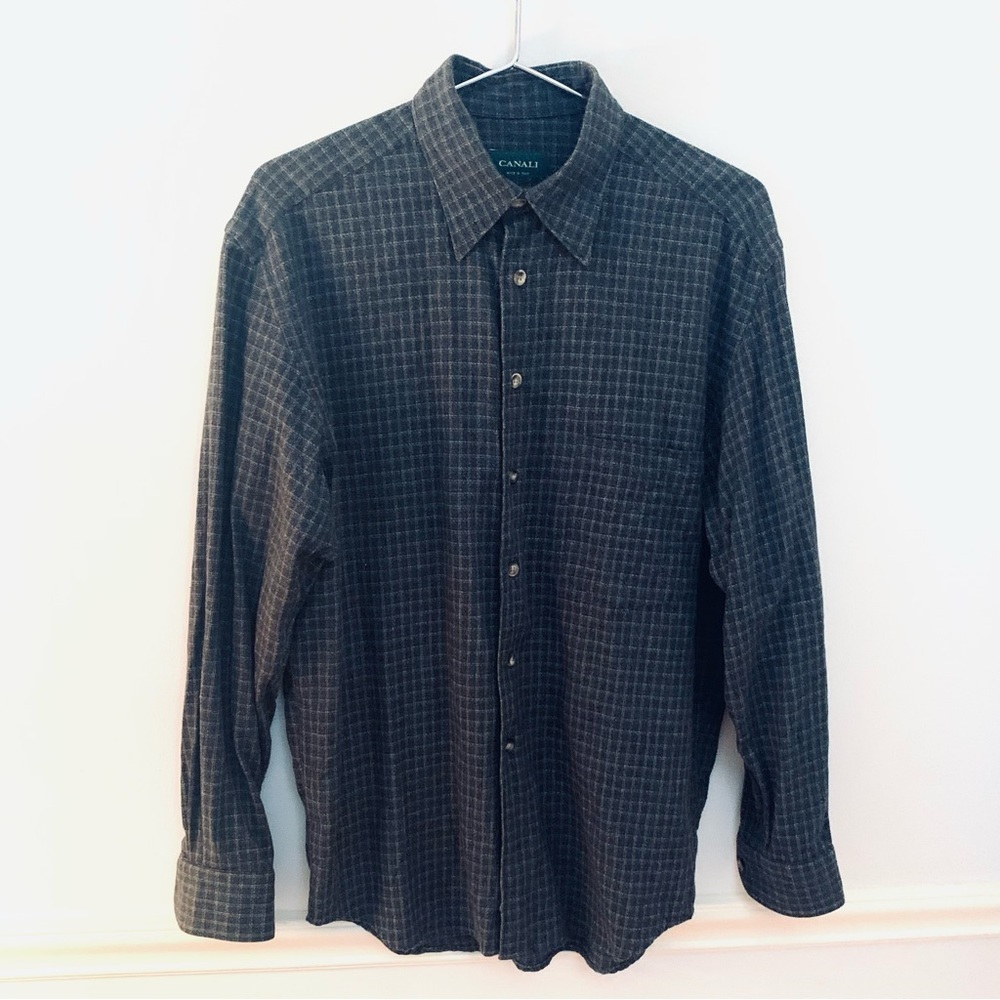Canali Italy Checked Long-Sleeves Shirt, Charcoal